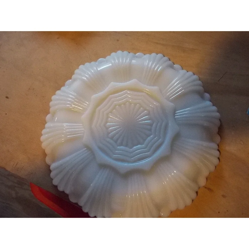 Vintage Milk Glass Deviled Egg Platter Gold Trim Scalloped Edge 12 Slot Server